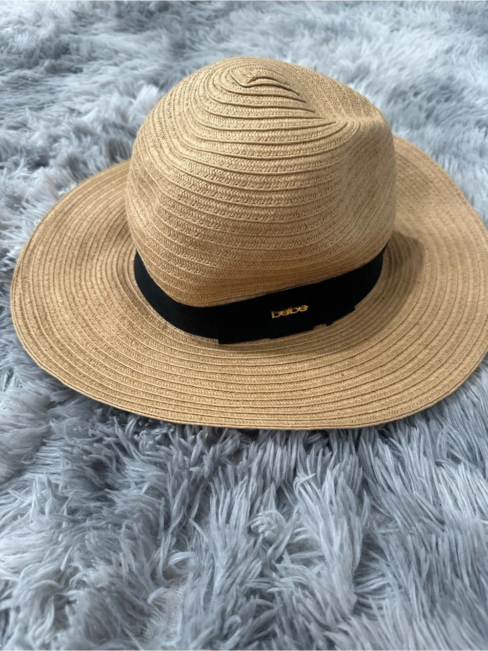 bebe Tan Straw Sun Hat with Black Ribbon and Gold Logo